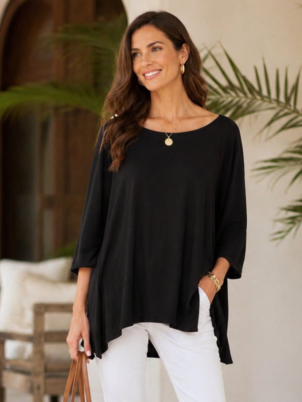 Calypso St. Barth Black Tunic Blouse Size Small Flowy Scoop Neck Resort Top